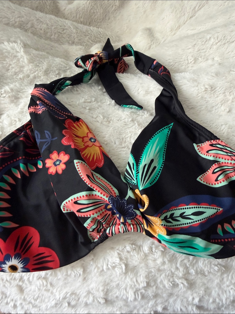 VENUS Black Floral Halter Bikini Top with Teal, Coral & Yellow Accents